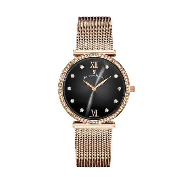 A women's watch by Jena-Maria featuring a round rose gold case, a black dial with Roman numerals, a bezel set with small clear crystals, and a matching rose gold mesh strap, shown against a plain white background.