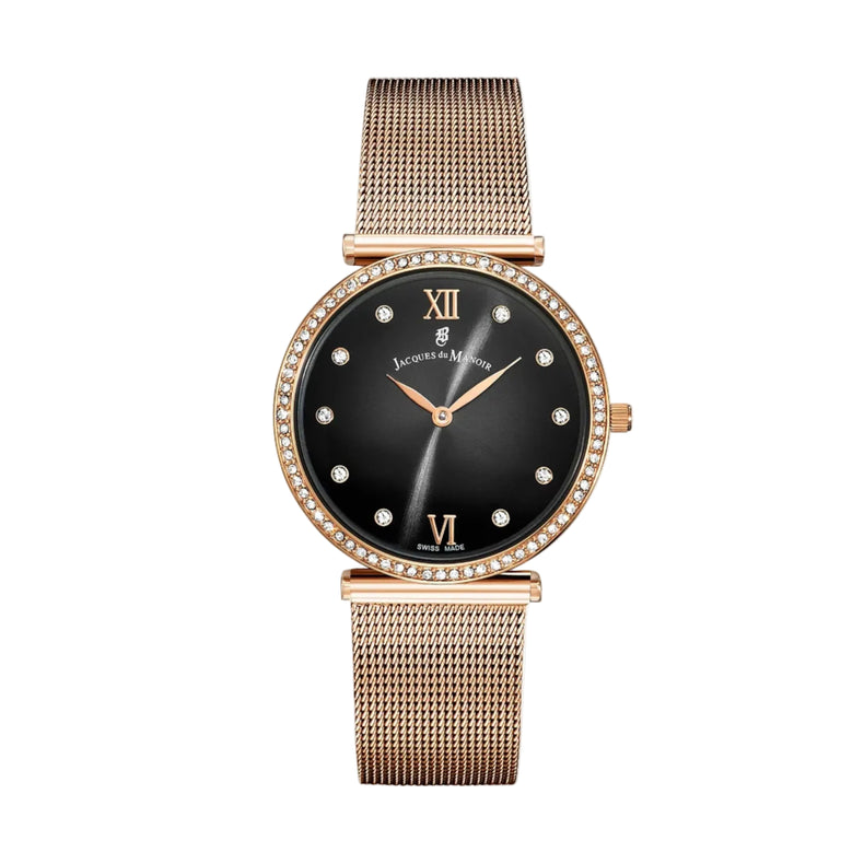 A women's watch by Jena-Maria featuring a round rose gold case, a black dial with Roman numerals, a bezel set with small clear crystals, and a matching rose gold mesh strap, shown against a plain white background.