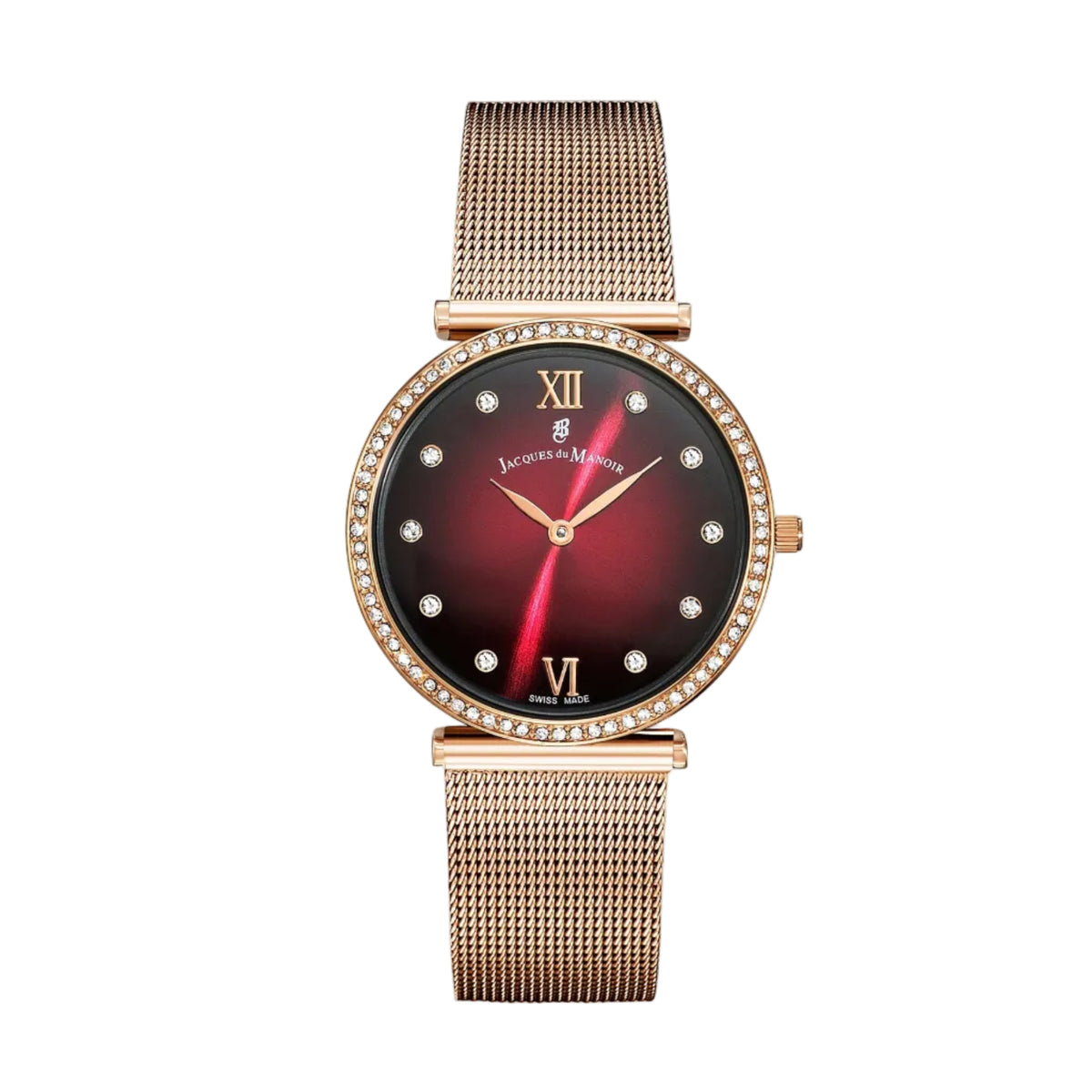 A women's watch by Jeanne-Marie with a rose gold mesh strap, a crystal-studded bezel, and a dark red-to-black sunburst dial with gold-tone Roman numerals and hands.