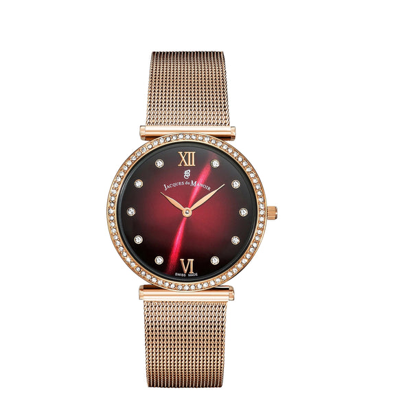A women's watch by Jeanne-Marie with a rose gold mesh strap, a crystal-studded bezel, and a dark red-to-black sunburst dial with gold-tone Roman numerals and hands.