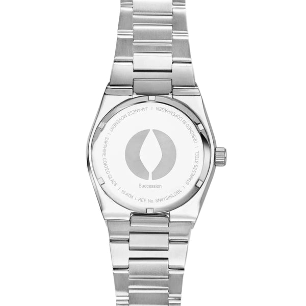 Silver watch with a brand logo on a white background