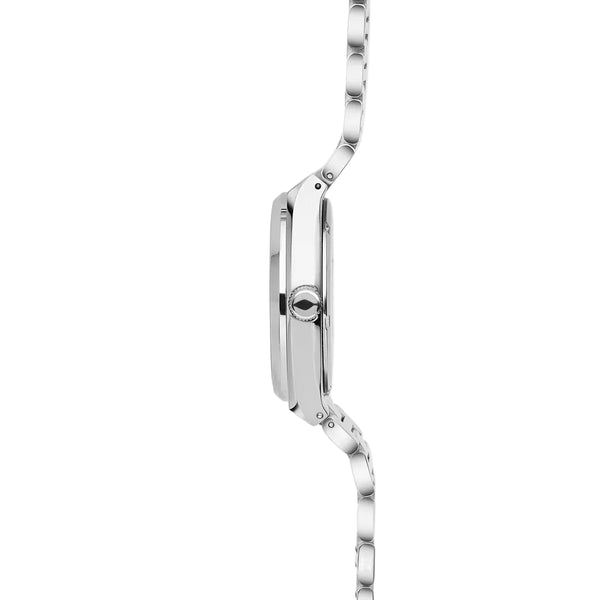 A close-up side profile of a polished silver-tone stainless steel watch case and matching link bracelet on a light gray background.