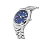 Silver watch with a blue dial on a white background