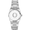 Silver watch with a brand logo on a white background