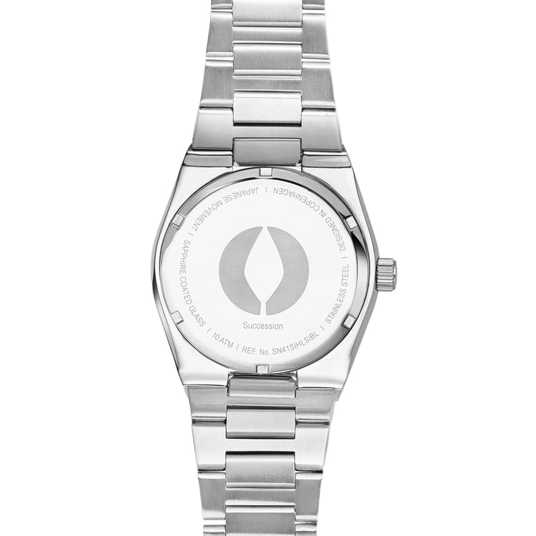 Silver watch with a brand logo on a white background