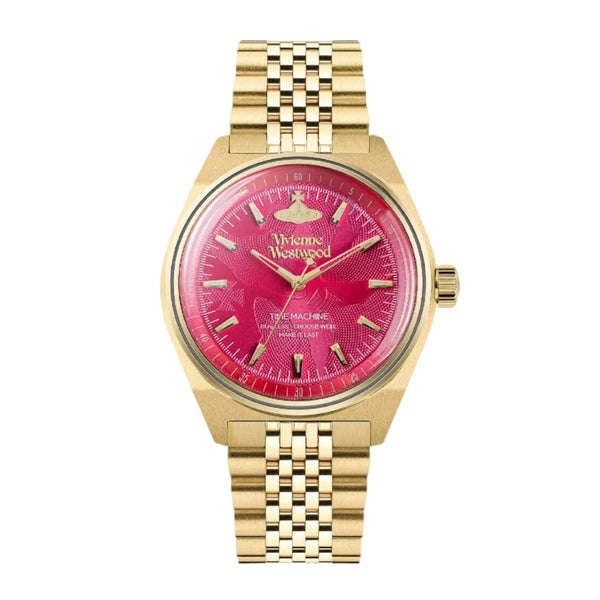 A gold-tone wristwatch with a vibrant magenta-pink dial and matching pink accents, featuring a gold-tone link bracelet and gold-tone case, photographed against a light gray background.