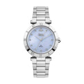 A Vivienne Westwood Montague Blue 35mm Silver Watch with a stainless steel bracelet, blue mother of pearl dial, diamond hour markers, and the iconic orb logo at the 12 o'clock position.