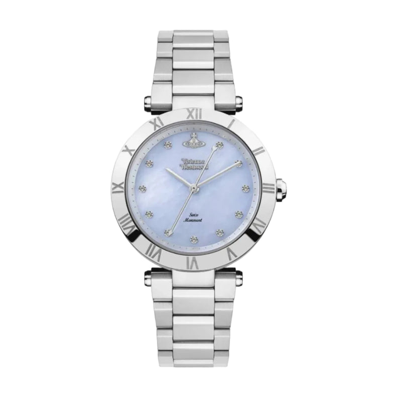 A Vivienne Westwood Montague Blue 35mm Silver Watch with a stainless steel bracelet, blue mother of pearl dial, diamond hour markers, and the iconic orb logo at the 12 o'clock position.