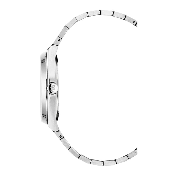 Silver watch strap on a white background