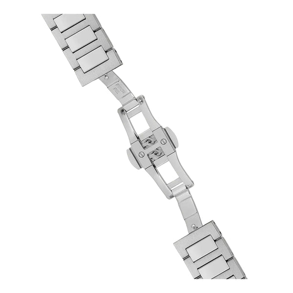 Silver metal watch strap on a white background