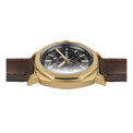 Gold watch with a brown leather strap on a white background