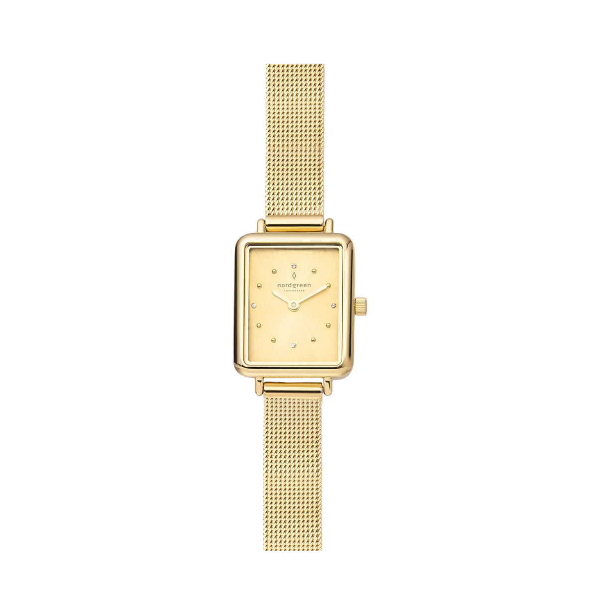A Nordgreen Allure gold watch with a 20mm rectangular dial and a gold mesh strap.