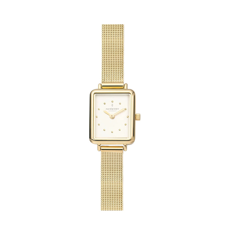 A white dial Nordgreen watch with a gold mesh band, showcasing a minimalist design with marked hours and a brand logo.