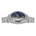 Silver watch with a blue face on a white background