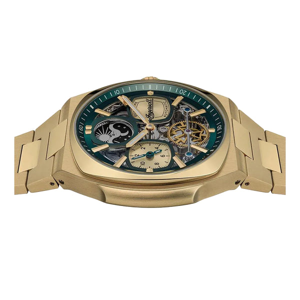 Gold wristwatch with intricate design on a white background