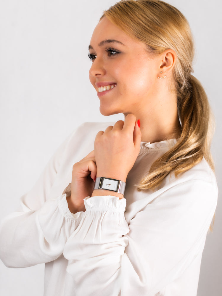 Bering | Classic 38mm polished white square dial silver mesh strap | 10222-010-S