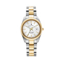 A two-tone stainless steel Jacques Du Manoir watch with a silver dial, gold bracelet, and rose gold hands and markers.