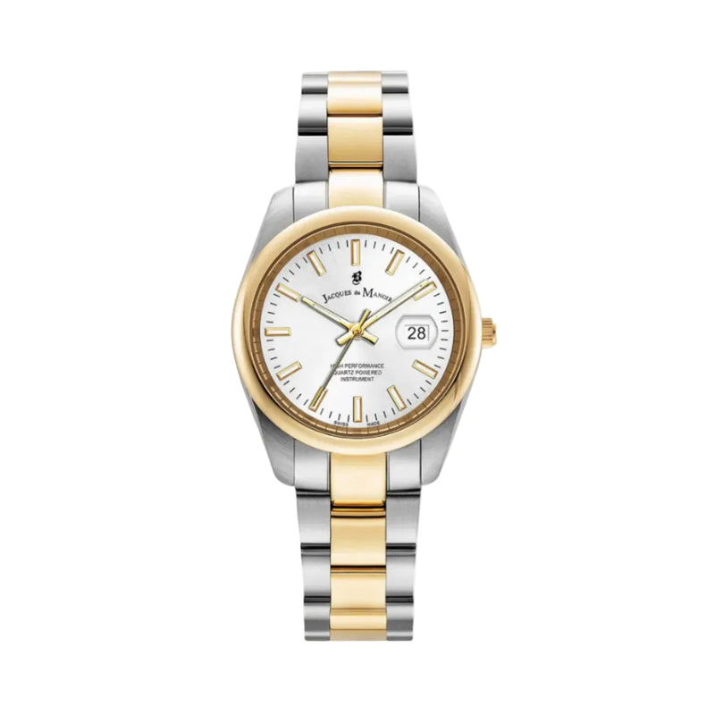 A two-tone stainless steel Jacques Du Manoir watch with a silver dial, gold bracelet, and rose gold hands and markers.