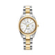 A two-tone stainless steel Jacques Du Manoir watch with a silver dial, gold bracelet, and rose gold hands and markers.