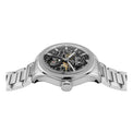 Silver wristwatch with detailed face on a white background
