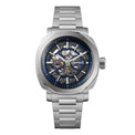 Silver watch with a detailed face on a white background