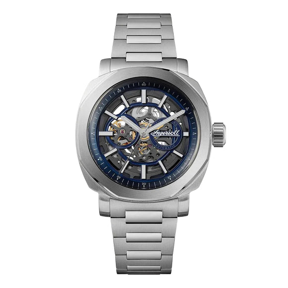 Silver watch with a detailed face on a white background