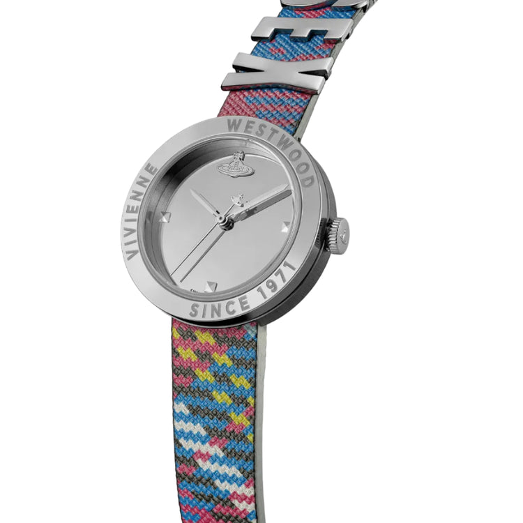 Vivienne Westwood watch featuring a silver-tone stainless steel case and a colorful woven patterned strap with silver-tone letter charms spelling 'VIVienne'.