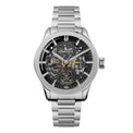 Silver wristwatch with a detailed face on a white background