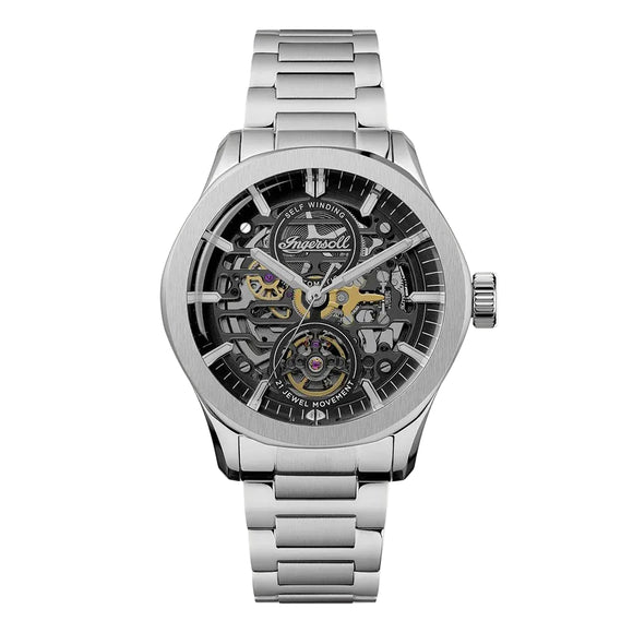 Silver wristwatch with a detailed face on a white background