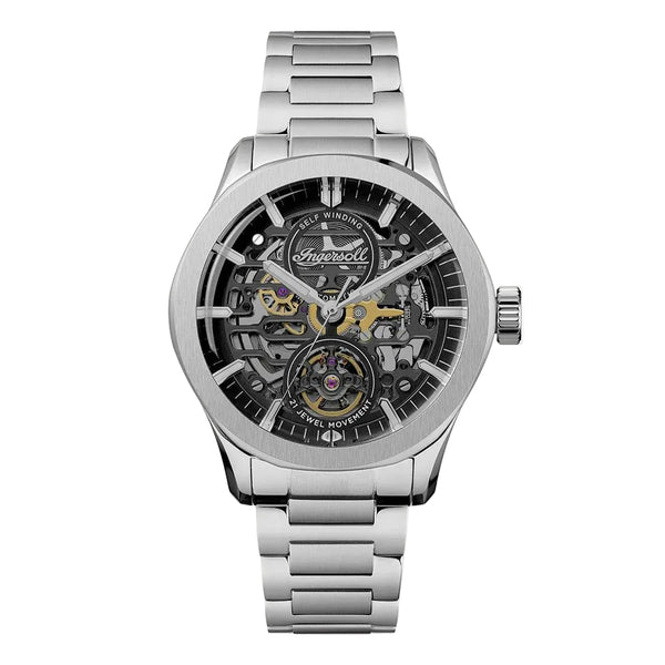 Silver wristwatch with a detailed face on a white background