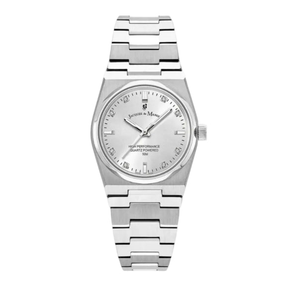 A Jacques du Manoir ladies watch with a silver dial and stainless steel bracelet.