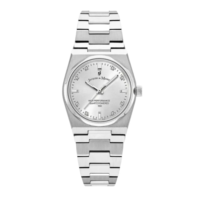 A Jacques du Manoir ladies watch with a silver dial and stainless steel bracelet.