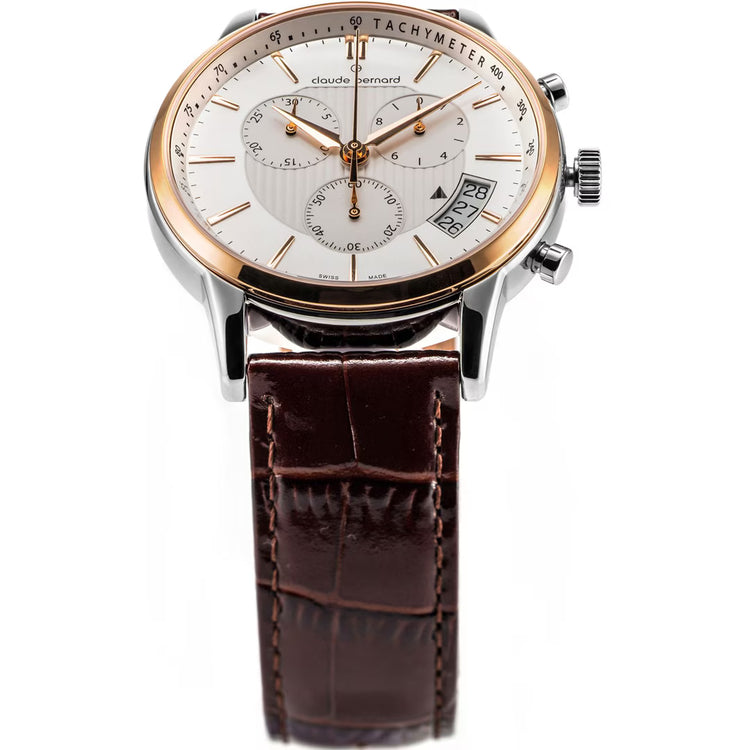 Claude Bernard | Classic Chronograph rose gold with silver 42mm dial brown leather band | 01002 37R AIR