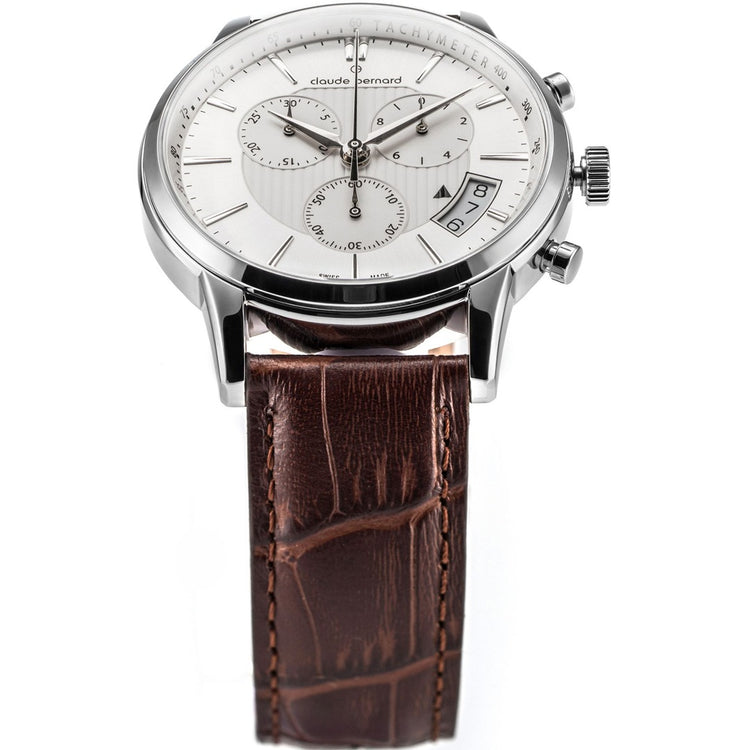 Claude Bernard | Classic Chronograph silver 42mm dial brown leather band | 001002 3 AIN