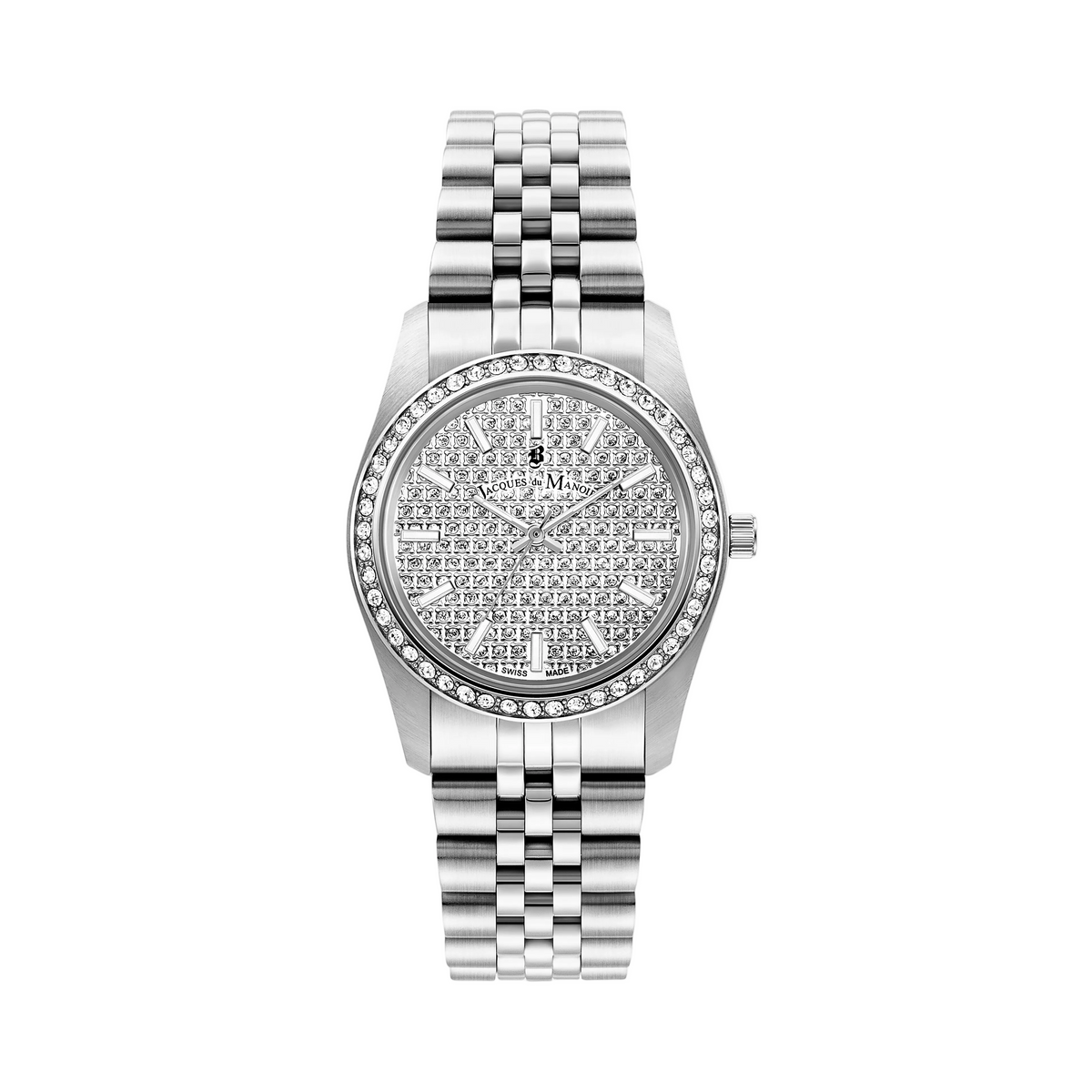 A silver-tone stainless steel wristwatch with a diamond-encrusted bezel and a matching diamond-panicked dial, paired with a multi-link bracelet, shown against a plain white background.