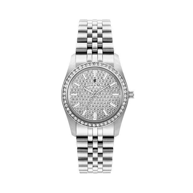 A silver-tone stainless steel wristwatch with a diamond-encrusted bezel and a matching diamond-panicked dial, paired with a multi-link bracelet, shown against a plain white background.