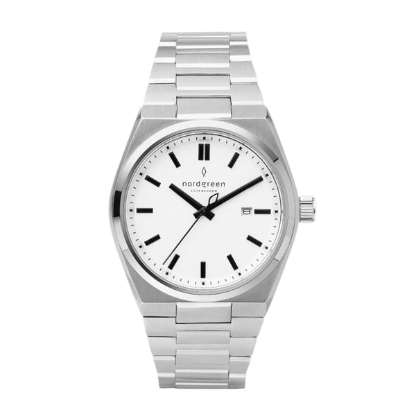 A silver stainless steel wrist watch with a white dial, black hands and hour markers, and a matching silver link bracelet, shown against a light gray background.