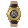 Back view of a gold watch with a brown leather strap on a white background
