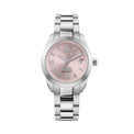 A women's stainless steel watch with a pink dial and matching pink hour markers, featuring Roman numeral hour markers and a date window at 3 o'clock. The brand logo on the dial is visible as Vivienne Rose.