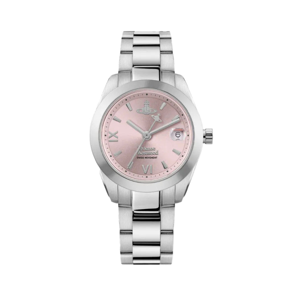 A women's stainless steel watch with a pink dial and matching pink hour markers, featuring Roman numeral hour markers and a date window at 3 o'clock. The brand logo on the dial is visible as Vivienne Rose.