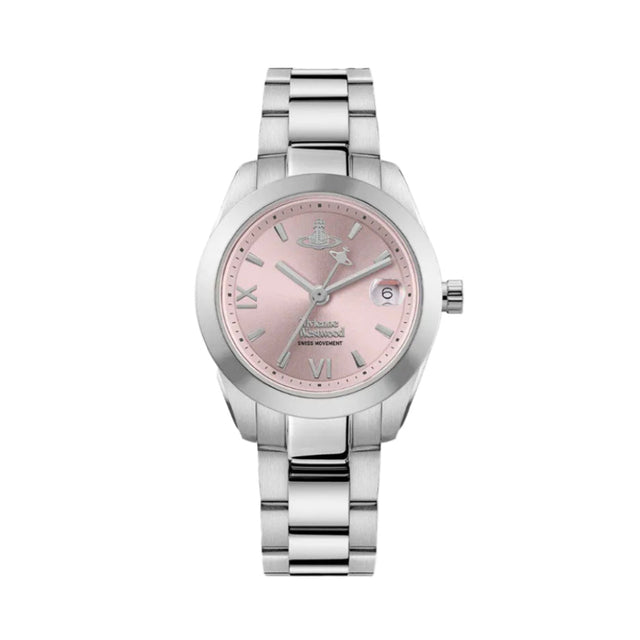 A women's stainless steel watch with a pink dial and matching pink hour markers, featuring Roman numeral hour markers and a date window at 3 o'clock. The brand logo on the dial is visible as Vivienne Rose.