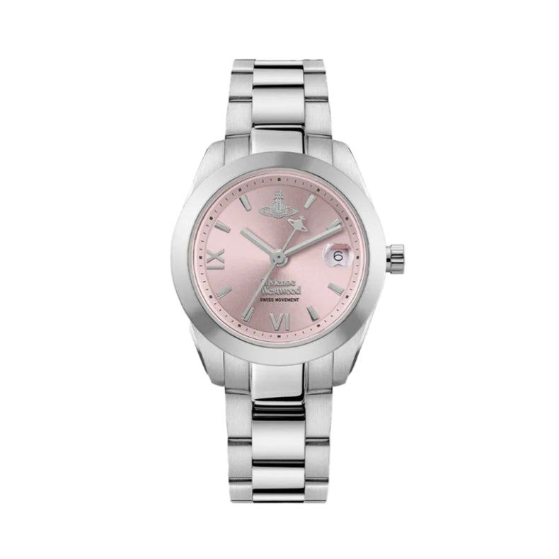 A women's stainless steel watch with a pink dial and matching pink hour markers, featuring Roman numeral hour markers and a date window at 3 o'clock. The brand logo on the dial is visible as Vivienne Rose.