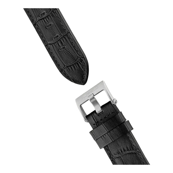 Black textured watch strap with silver buckle on a white background