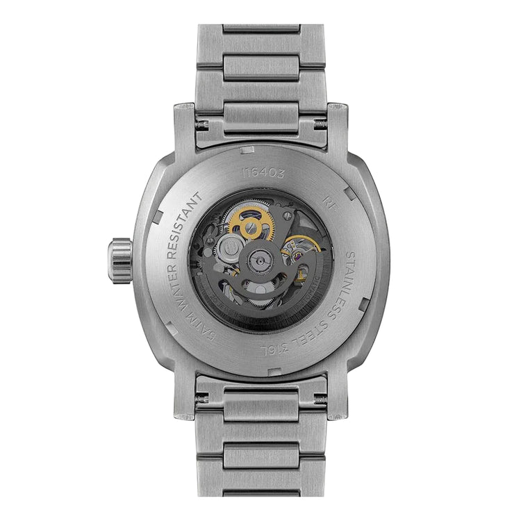 Silver watch with mechanical components on a white background