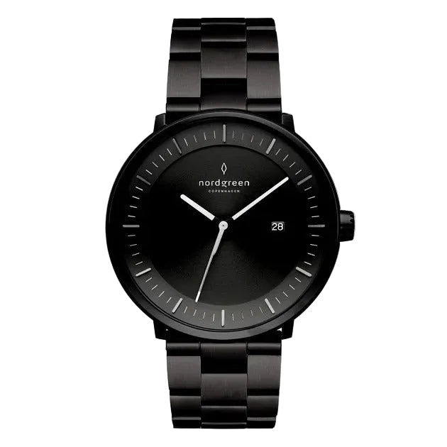 A black Nordgreen Philosopher watch with a 40mm dial, black case, and black band.