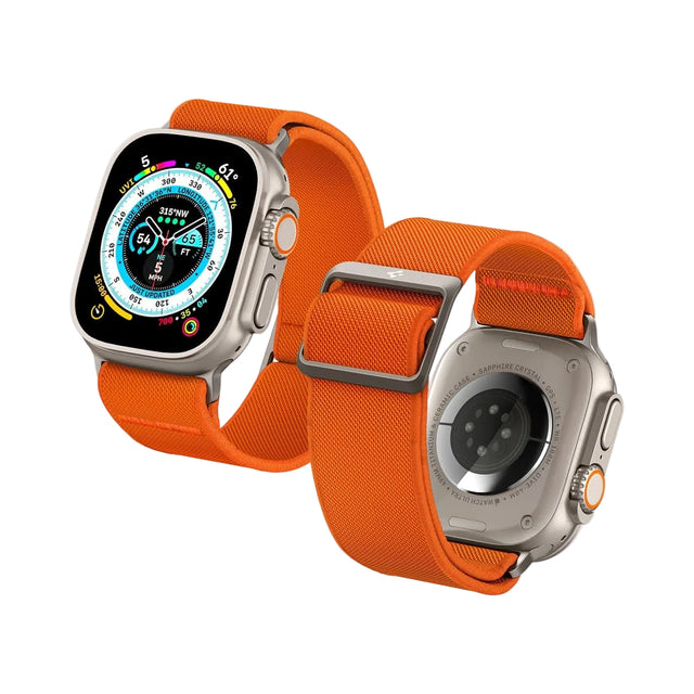 Two orange silicone watch bands for Apple Watch, displayed in a standing position.