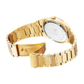 Gold stainless steel watch with a metal link bracelet, shown from the back with the case open and crown visible on a white background.