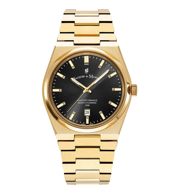 A gold stainless steel Jacques du Manoir watch with a black dial and a date display, on a metal bracelet.