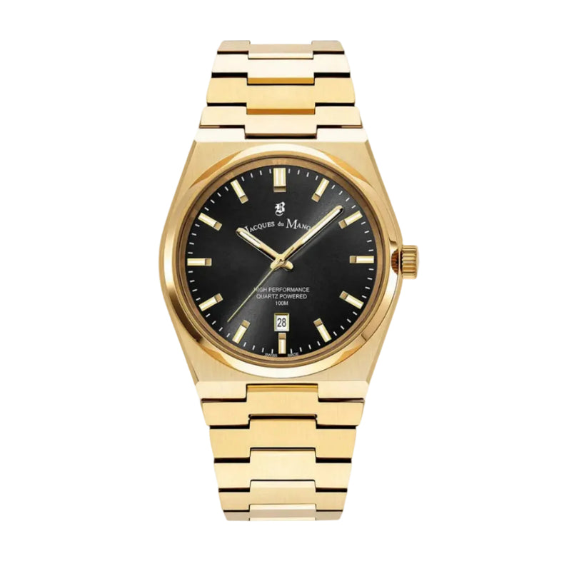 A gold stainless steel Jacques du Manoir watch with a black dial and a date display, on a metal bracelet.