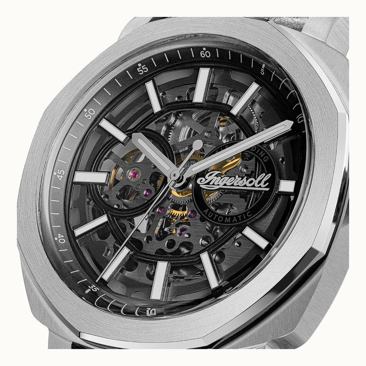 Ingersoll watch with transparent case on a white background